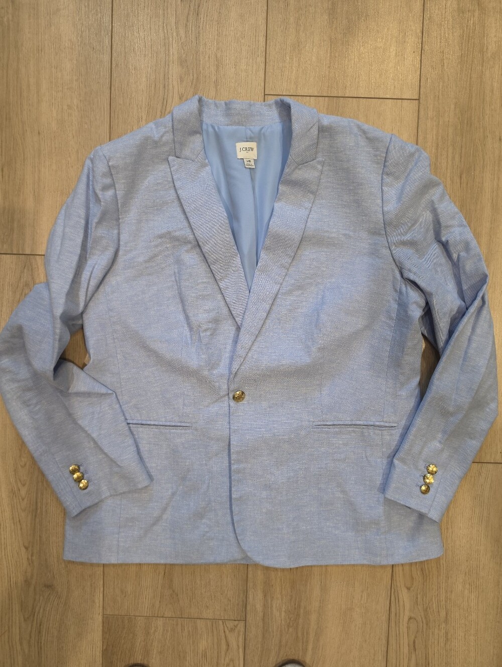 J.Crew Linen Blend One Button Blazer Light Blue Gold Buttons Size 16